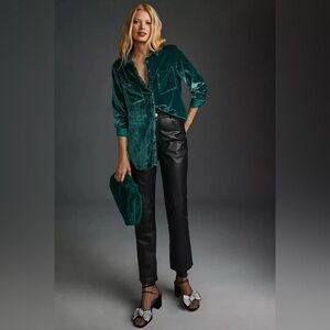 Anthropologie Pilcro Relaxed Velvet Buttondown Shirt Hadley Green Size Medium